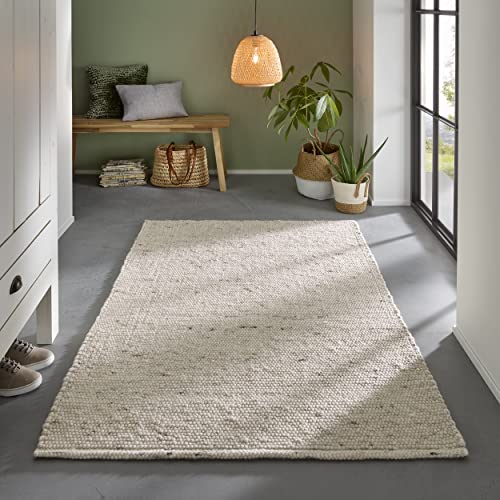 TacaHome Wollteppich Handweb Teppich Gewalkt I Reine Schur-Wolle im Skandinavischen Design I Wohnzimmer Schlafzimmer Esszimmer Kinderzimer Büro | 200 x 290 cm Natur von TacaHome
