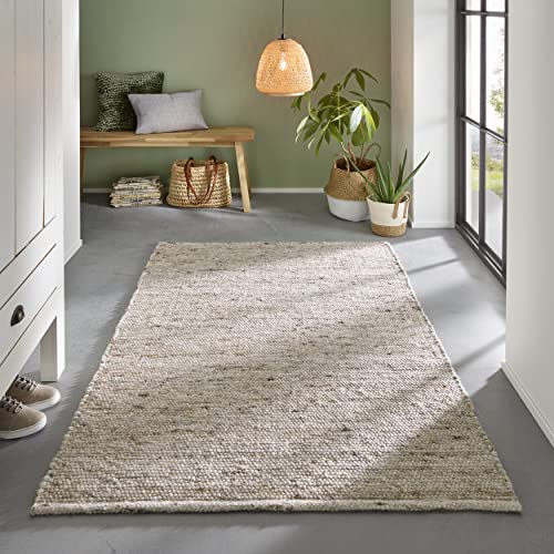 TacaHome Wollteppich Handweb Teppich Gewalkt I Reine Schur-Wolle im Skandinavischen Design I Wohnzimmer Schlafzimmer Esszimmer Kinderzimer Büro | 70 x 130 cm Sand von TacaHome