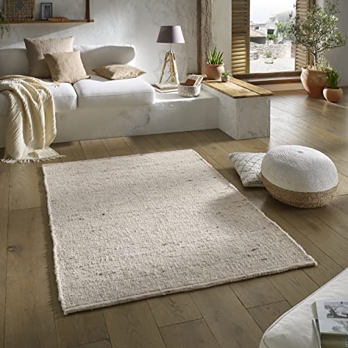 TacaHome Wollteppich Natur Handweb Teppich I Reine Schur-Wolle im Skandinavischen Design I Wohnzimmer Schlafzimmer Esszimmer Kinderzimer Büro | 70 x 130 cm Natur von TacaHome
