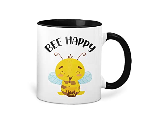 Bedruckte Kaffeetasse mit Biene und Spruch Bee Happy Kaffeebecher Tasse von Tachinedas Kreativshop