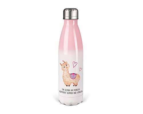 Bedruckte Trinkflasche mit Spruch Ein Alpaka am Morgen vertreibt Kummer und Sorgen 500 ml Thermosflasche Edelstahl Thermoflasche von Tachinedas Kreativshop