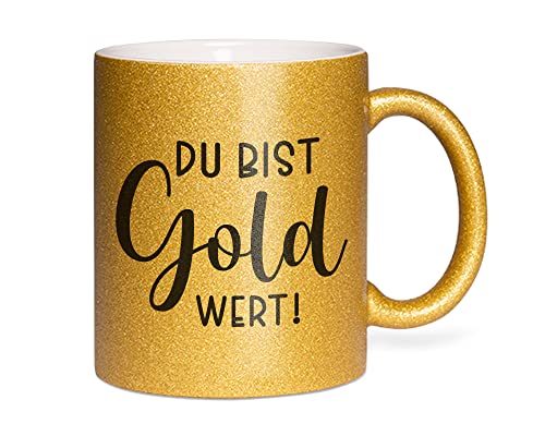 Tachinedas Kreativshop Kaffeetasse mit Glitzer und Spruch Du Bist Gold Wert Glitzertasse Kaffeebecher von Tachinedas Kreativshop