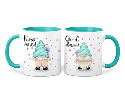 Lustige Kaffeetasse mit Spruch und Wichtel Good Morning/Kiss My Ass türkis Wichteltasse von Tachinedas Kreativshop