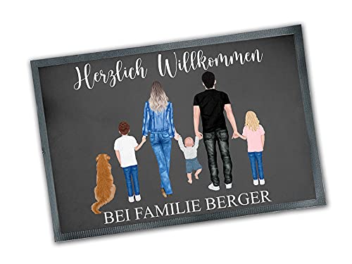 Tachinedas Kreativshop Personalisierte Fußmatte mit Figuren und Wunschnamen Familie Kinder Hund Katze Herzlich Willkommen Türmatte 35x50 cm von Tachinedas Kreativshop