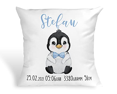 Tachinedas Kreativshop Personalisiertes Baby Kissen mit Pinguin Geschenk zur Geburt oder Taufe mit Namen und Datum Junge von Tachinedas Kreativshop