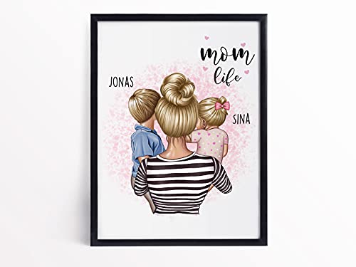 Tachinedas Kreativshop Personalisiertes Poster Mama mit Kind A3 Poster Kunstdruck Wallart Mutter Tochter Mami Sohn Muttertag Geschenk Druck (gerahmt) von Tachinedas Kreativshop