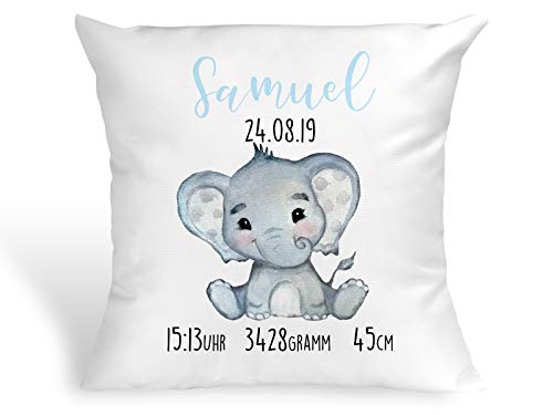 Tachinedas Kreativshop Personalisiertes Kissen mit Elefant Geschenk zur Geburt oder Taufe mit Namen und Datum Junge von Tachinedas Kreativshop