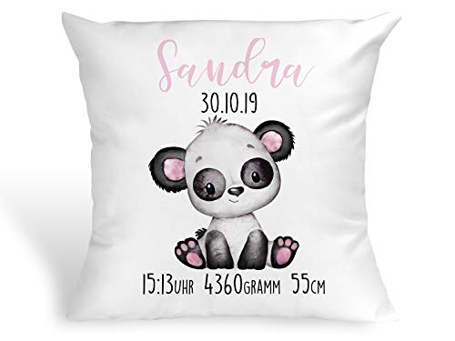 Tachinedas Kreativshop Personalisiertes Kissen mit Panda Bärchen Geschenk zur Geburt oder Taufe mit Namen und Datum Mädchen Bär von Tachinedas Kreativshop