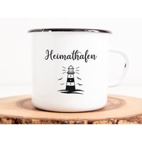 Bedruckte Emaille Tasse Maritim Mit Spruch Heimathafen Leuchtturm Nautisch Shabby Chic von TachinedasCreative