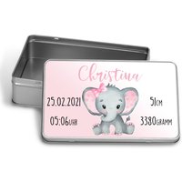 Personalisierte Baby Erinnerungsbox Zur Geburt Mit Namen Und Datum Elefant Erinnerungskiste Taufe Geschenkschachtel Metalldose Taufgeschenk von TachinedasCreative