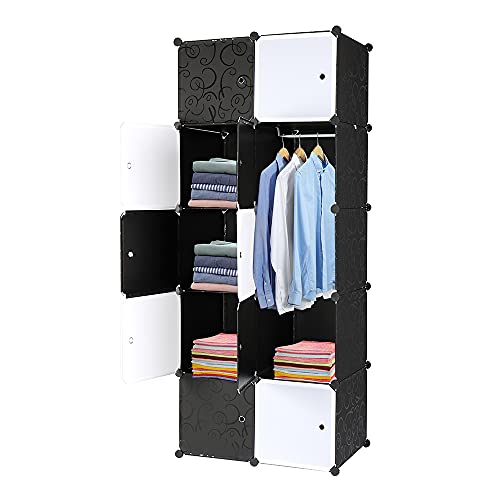 TactFire Kleiderschrank aus Kunststoff, 10 Würfel, Modulare Kleiderschränke für Platzsparendes, Kinderkleiderschrank, Garderobenschrank, 70 x 45 x 175 cm, Schwarze und weiße Tür von TactFire