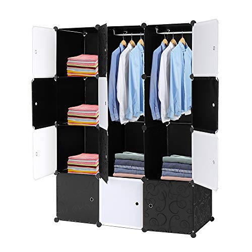 TactFire Kleiderschrank aus Kunststoff, 12 Würfel, Modulare Kleiderschränke für Platzsparendes, Kinderkleiderschrank, Garderobenschrank, 105 x 45 x 140 cm, Schwarze und weiße Tür von TactFire