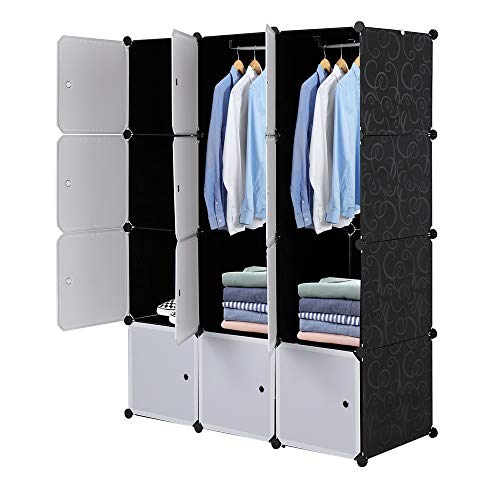 TactFire Kleiderschrank aus Kunststoff, 12 Würfel, Modulare Kleiderschränke für Platzsparendes, Kinderkleiderschrank, Garderobenschrank, Aufbewahrung von Kleidung, Schuhen, 105 x 45 x 140cm, Weiße Tür von TactFire