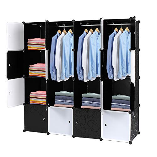 TactFire Kleiderschrank aus Kunststoff, 16 Würfel, Modulare Kleiderschränke für Platzsparendes, Kinderkleiderschrank, Garderobenschrank, 140 x 45 x 140 cm, Schwarze und weiße Tür von TactFire