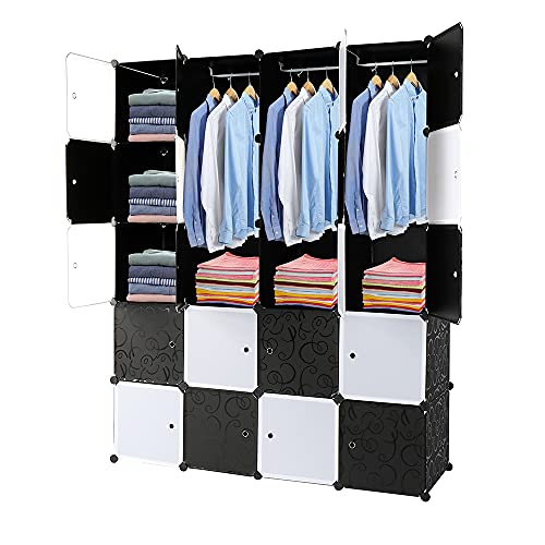 TactFire Kleiderschrank aus Kunststoff, 20 Würfel, Modulare Kleiderschränke für Platzsparendes, Kinderkleiderschrank, Garderobenschrank, 140 x 45 x 175 cm, Schwarze und weiße Tür von TactFire