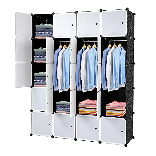 TactFire Kleiderschrank aus Kunststoff, 20 Würfel, Modulare Kleiderschränke für Platzsparendes, Kinderkleiderschrank, Garderobenschrank, Aufbewahrung von Kleidung, Schuhen, 140 x 45 x 175cm, Weiße Tür von TactFire