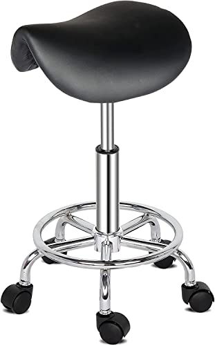 TactFire Sattelhocker Rollhocker Arbeitshocker mit 360° Drehfunktion & Höhenverstellung – Bürodrehstuhl für Salon, Massage, Spa und Büro (Schwarz) von TactFire
