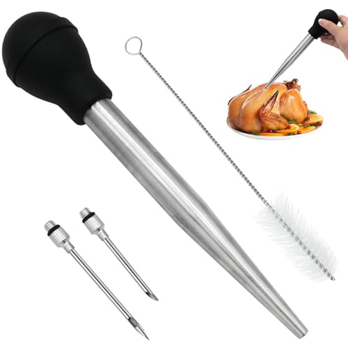 1 Set Truthahn Baster Edelstahl Truthahn Basterspritze mit Silikonpumpenkopf beinhaltet abnehmbare Nadeln und Reinigungsbürste, Fleischinjektor zum Kochen von Tadoiooy