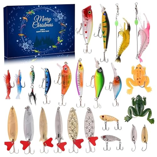 Adventskalender 2024, 24 Tage Fischereiköder Adventskalender Countdown mit 3D Realistic Fishing Lures für Männer Weihnachten Halloween von Tadoiooy
