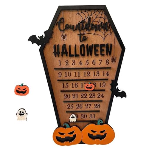 Halloween Adventskalender 2024 Sargförmiger 31-Tage-Halloween Countdown mit beweglicher Block Holz Cartoon Countdown-Kalender für Dekorationen von Tadoiooy