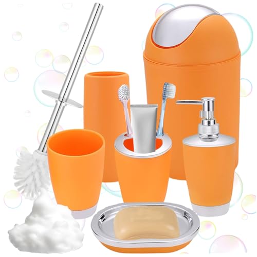 Tadoiooy Badezimmerzubehör Set PP Orange Badezimmer Zubehör Set umfasst Mülldose, Seifenschale, Toilettenbürste, Zahnbürstenhalter, Lotion Flasche und Mundspüle Tasse, Ersatzbadzubehör Tadoiooy Badezimmerzubehör Set PP Orange Badezimmer Zubehör Set umfasst Mülldose, Seifenschale, Toilettenbürste, Zahnbürstenhalter, Lotion Flasche und Mundspüle Tasse, Ersatzbadzubehör von Tadoiooy