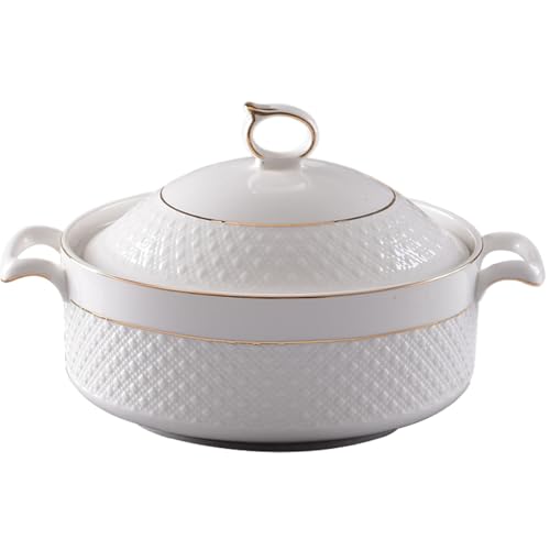 Tadoiooy Tureens, Suppe Tureen Keramik, 1, 5 l weiße Servierschalen mit Goldener Grenze Doppelgriff Suppe Tureen mit Deckel und Kelle für Pasta von Tadoiooy