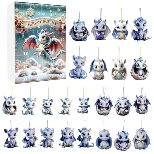 Weihnachtsab Adventskalender 2024, 24 Tage Weihnachts -Countdown -Kalender mit 2D -blauem Dinosaurieranhänger, Acrylhängespielzeug Advent 2024 für Baumdekoration von Tadoiooy