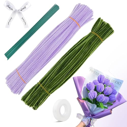 200 Stück Pfeifenreiniger Blumen,Tadpolez Tulpe Blumen Pfeifenreiniger,Chenilledraht Pfeifenreiniger,Pfeifenputzer Handmade DIY,Für DIY Basteln Und Dekorieren DIY Geschenke (Violett) von Tadpolez