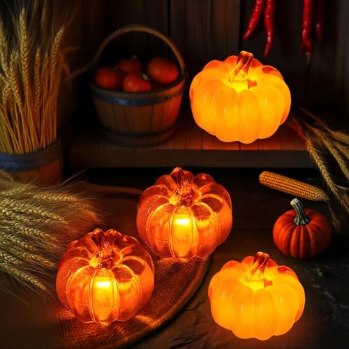 Herbstdeko Kürbis Deko mit LED Licht,Pack of 4 Halloween Lantern,Herbstdeko Kürbis Laterne,Halloween Decorative Pumpkin,Autumn Decoration,Pumpkin Decoration,Licht für Tischdeko,Erntedankfest,Party von Taechalingo