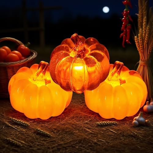 Herbstdeko Kürbis Deko mit LED Licht,Pack of 3 Halloween Lantern,Herbstdeko Kürbis Laterne,Halloween Decorative Pumpkin,Autumn Decoration,Pumpkin Decoration,Licht für Tischdeko,Erntedankfest,Party von Taechalingo