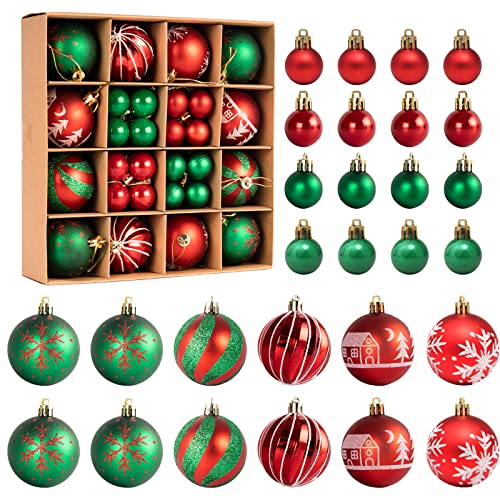 44 Stück Weihnachtsbaumkugeln, Weihnachtskugeln Kunststoff Set, Wetterfeste Weihnachtskugeln, für Festival Dekore Weihnachtsbaumschmuck, Traditionelles Thema Rot Grün von Taekooki