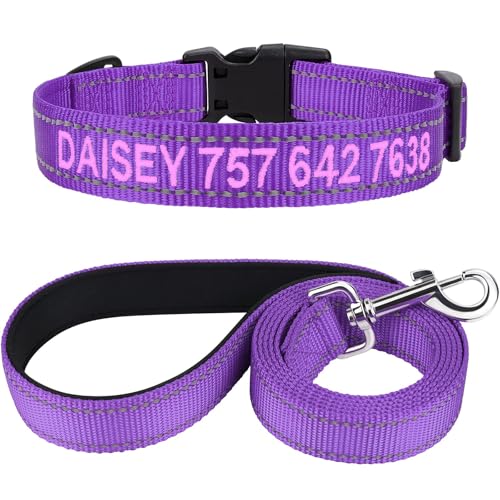TagME Hundehalsband und Leine, Personalisierbar Reflektierendes Hundehalsband Mit 1.5M Doppelseitige Reflektierende Hundeleine für Große Hunde, Lila von TagME
