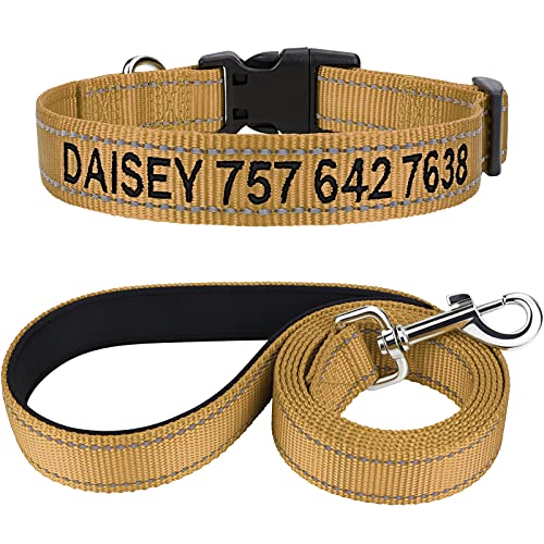 TagME Hundehalsband und Leine, Personalisierbar Reflektierendes Hundehalsband Mit 1.5M Doppelseitige Reflektierende Hundeleine für Mittelgroße, Khaki von TagME