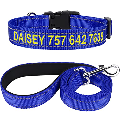 TagME Hundehalsband und Leine, Personalisierbar Reflektierendes Hundehalsband Mit 1.5M Doppelseitige Reflektierende Hundeleine für Mittelgroße, Königsblau von TagME