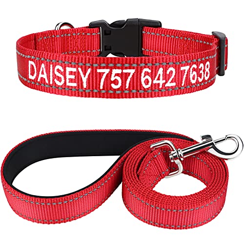 TagME Hundehalsband und Leine, Personalisierbar Reflektierendes Hundehalsband Mit 1.5M Doppelseitige Reflektierende Hundeleine für Mittelgroße, Rot von TagME