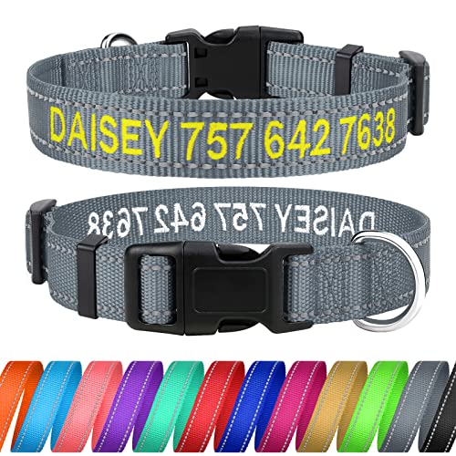 TagME Personalisierte Hundehalsband für Große Hund Mit Gestickten, Reflektierendes Nylon Hundehalsband Mit Pet Name & Telefonnummer, Grau L von TagME