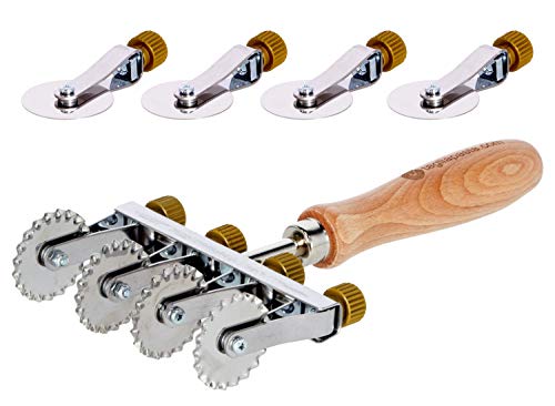 Tagliapasta Schneiderolle für frische Nudeln | 4 glatte Klingen verstellbar + Sparset mit 4 gezahnten Klingen | Durchmesser 36 mm aus Edelstahl und Griff aus Holz | Com [Made in Italy] von Tagliapasta