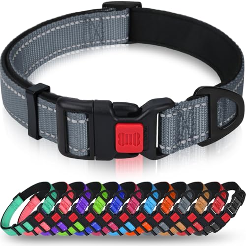 Taglory Hundehalsband, Weich Gepolstertes Neopren Nylon Hunde Halsband für Extra Große Hunde, Verstellbar und Reflektierend für das Training, Grau von Taglory
