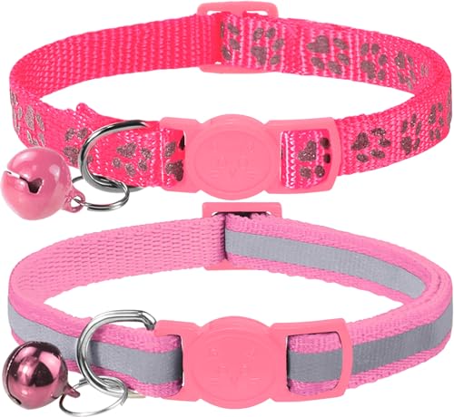 Taglory Reflektierend Katzenhalsband mit Sicherheitsverschluss und Glöckchen, 2-Stück Verstellbar Halsband Katze Kitten, 15-20cm Rosa von Taglory