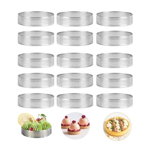 Tagtight 15er-Pack Edelstahl Perforierte Tortenringe Mousse Kuchenform, Tartelette Förmchen Hitzebeständige, Runde Dessertringe 8cm Tower Pie Kuchenform zum Backen Von Donuts, Servierringe von Tagtight