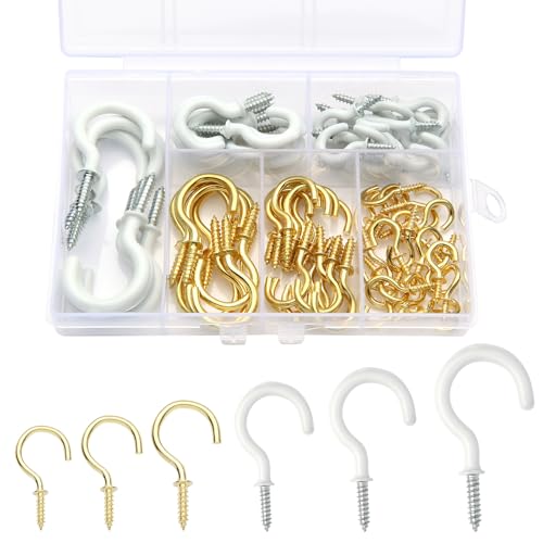 Tahbarshi 78 Stück Schraubhaken Schwarz Gold6 Größen Deckenhaken Set Haken Zum Schrauben,Weiß Silber Vinyl Beschichtet Cup Haken Set Hakenschrauben (Weiß) von Tahbarshi