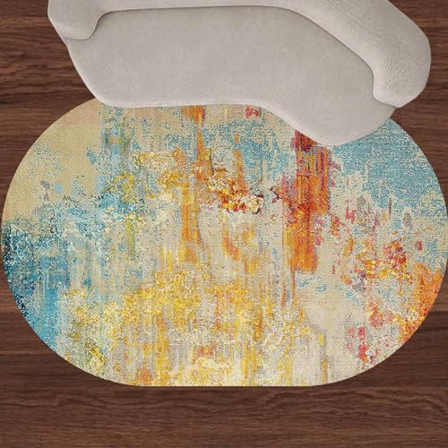 Taidianolp Teppich Wohnzimmer,Colorful,Oval 90 x 120 cm,Blaugrün, gebranntes Orange, Gelbbeige Abstraktes Aquarellmuster Modern,Waschbar Kurzflor Teppiche Schlafzimmer Deko Aesthetic von Taidianolp