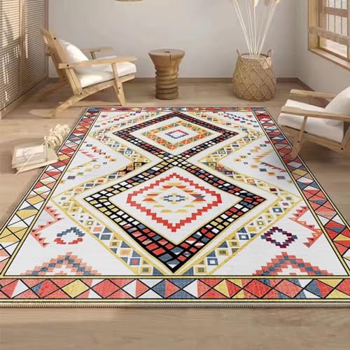 Taidianolp Teppich Wohnzimmer Deko,red,120 x 120 cm,Rot Gelb Blau Mehrfarbig Vintage Geometrisches Druckdekor von Taidianolp