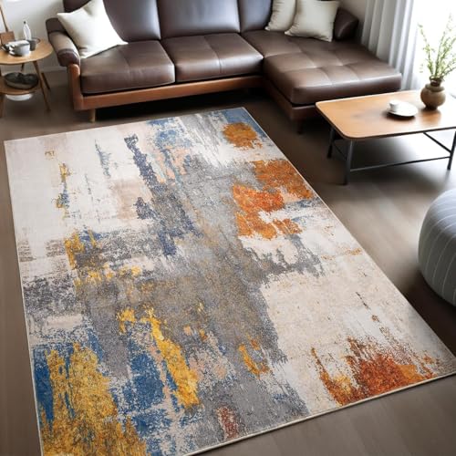 Taidianolp Teppich Zimmer Deko,Abstraktes Orange-Gelb-Grau-Modernes Dekor, Blau, 80 x 120 cm,Kurzflor Teppiche Badezimmer Küchen Sessel Schlafzimmer, von Taidianolp