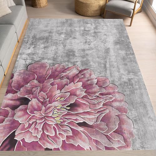 Taidianolp Teppich Zimmer Deko,Blumenmuster, Grauweiß, Modern, Fuchsia, 120 x 120 cm,Waschbarer Kurzflor Teppiche Designer Modern Schlafzimmer von Taidianolp