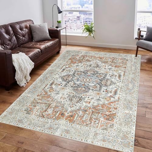Taidianolp Teppich Zimmer Deko,Braun Creme Grau Floral Distressed Vintage, Orange, 160 x 180 cm,Waschbar Teppiche groß Wohnzimmer Esszimmer Schlafzimmer von Taidianolp