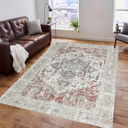 Taidianolp Teppich Zimmer Deko,Braun Creme Grau Floral Distressed Vintage, Rot, 150 x 210 cm,Waschbar Teppiche Wohnzimmer Schlafzimmer Arbeitszimmer Esszimmer von Taidianolp