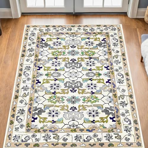 Taidianolp Teppich Zimmer Deko,Mehrfarbiges grünes Blumenmuster, Vintage, Grau, 120 x 120 cm,Waschbarer Kurzflor Teppiche Designer Modern Schlafzimmer von Taidianolp