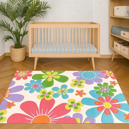Taidianolp Teppich Zimmer Deko,Moderner, farbenfroher geometrischer Blumen-Cartoon-Druck, Rot, 90 x 150 cm,Waschbar Kurzflor Teppiche Bodenschutzmatte für Hartböden von Taidianolp