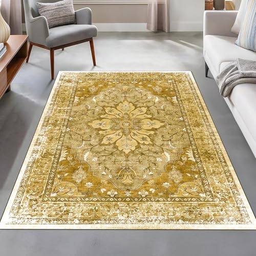 Taidianolp Teppich Zimmer Deko,Moderner Druck mit floralem, gealtertem Vintage-Muster, Senfgelb, 90 x 150 cm,Waschbar Kurzflor Teppiche Bodenschutzmatte für Hartböden Taidianolp Teppich Zimmer Deko,Moderner Druck mit floralem, gealtertem Vintage-Muster, Senfgelb, 90 x 150 cm,Waschbar Kurzflor Teppiche Bodenschutzmatte für Hartböden von Taidianolp